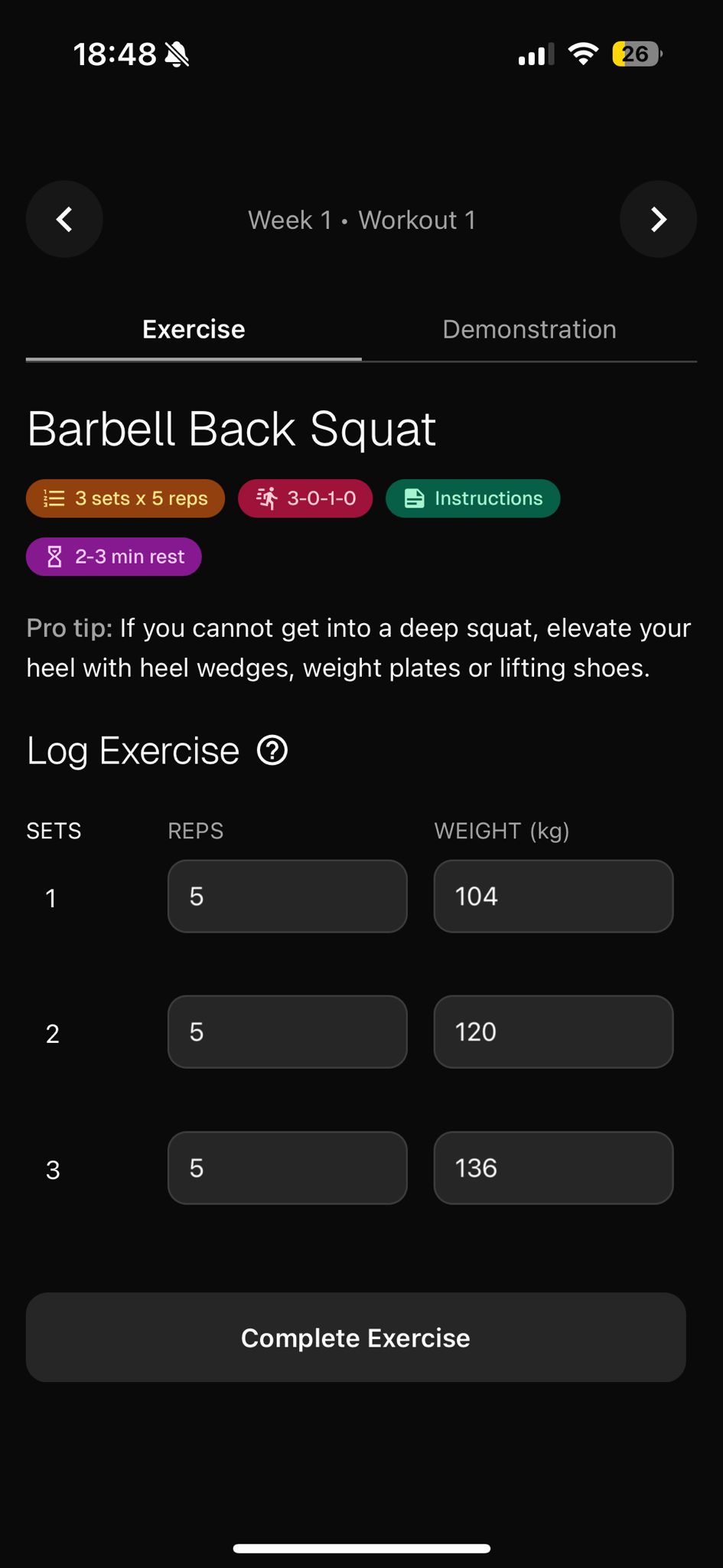 Xerceo exercise tab interface